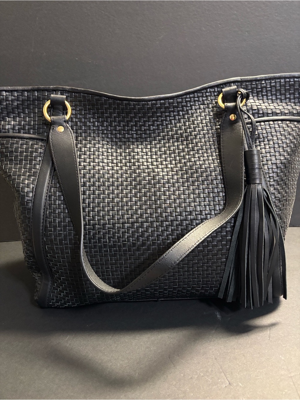 Cole Haan Large Black Woven Leather Tote with Tassel Detail